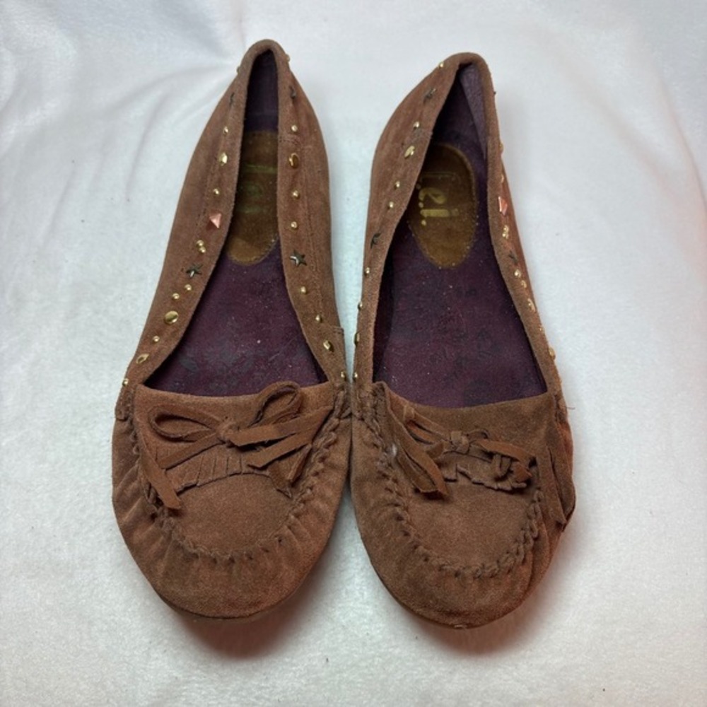 L.e.i. Womens Brown Suede Moccasin Flats Studded Star Detail Size 8.5